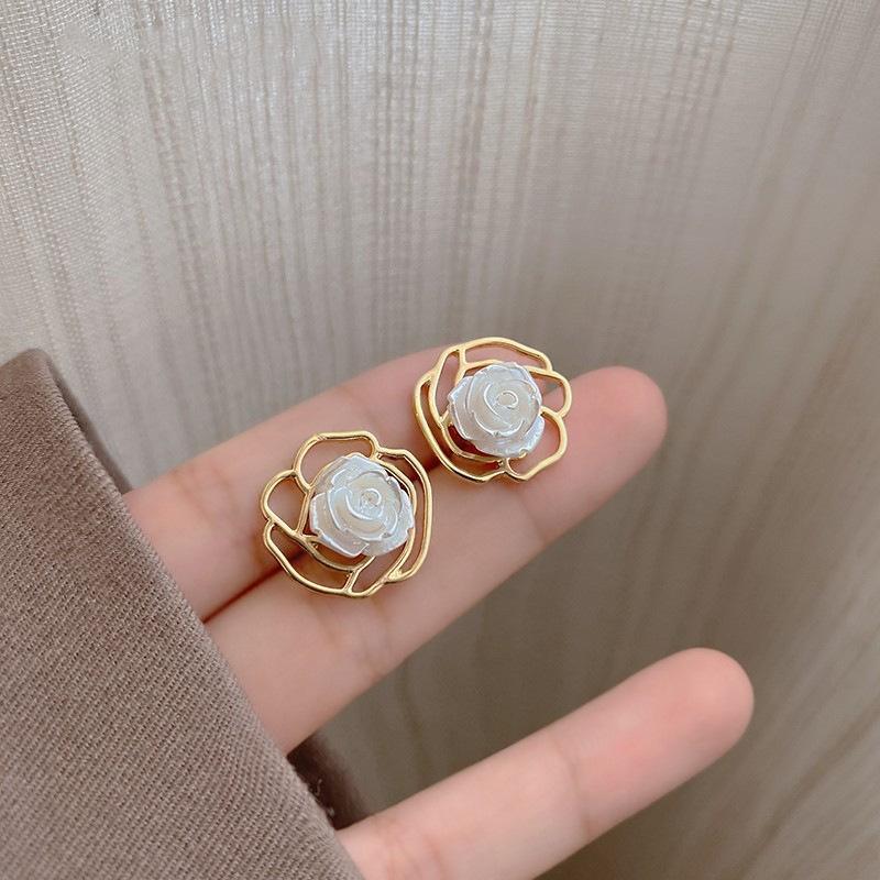 Fashion Earrings for Women - Lilac Pink Flower with Gold Ring - view 4