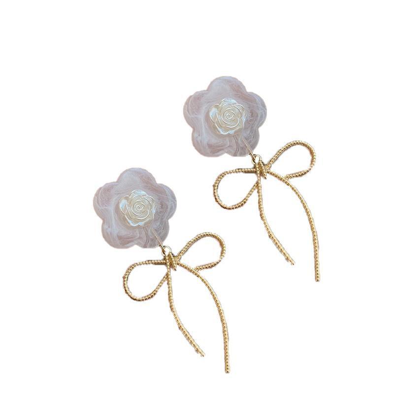 Fashion Earrings for Women - Pink Flower with Gold Bow Drop