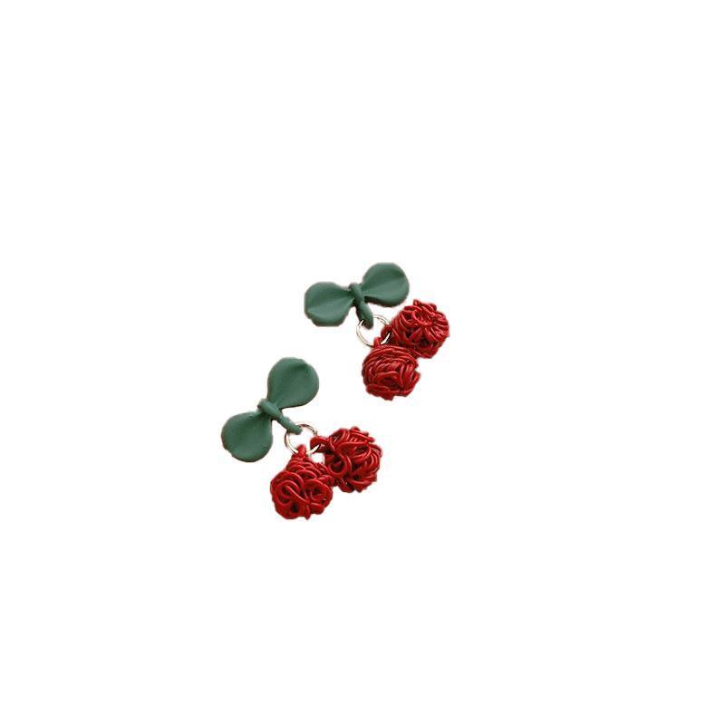 Fashion Earrings for Women - Red Cherries with Green Bow Leaves
