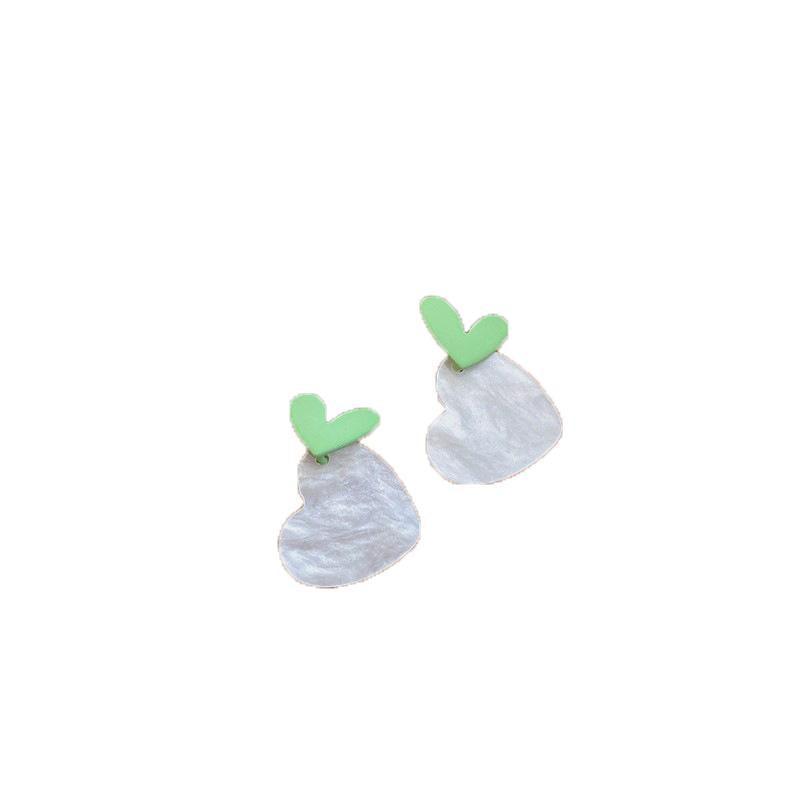 Fashion Earrings for Women - White Marbled Heart with Green Heart