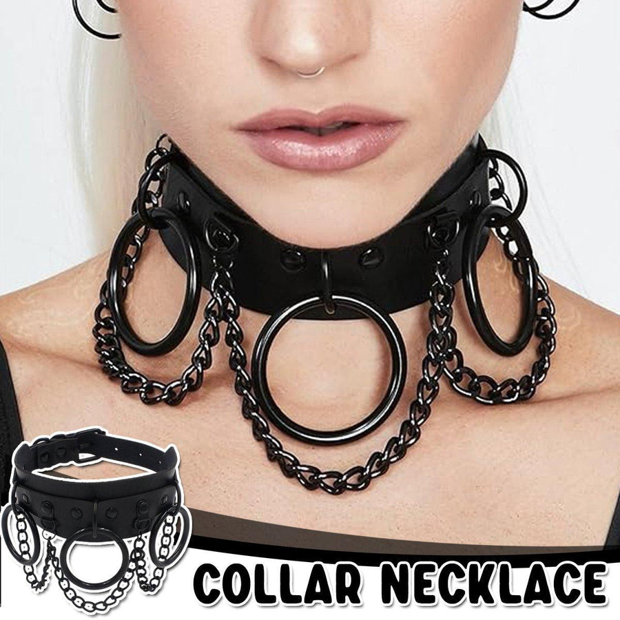 Faux Leather Choker Collar Necklace with Rings and Chains for Women