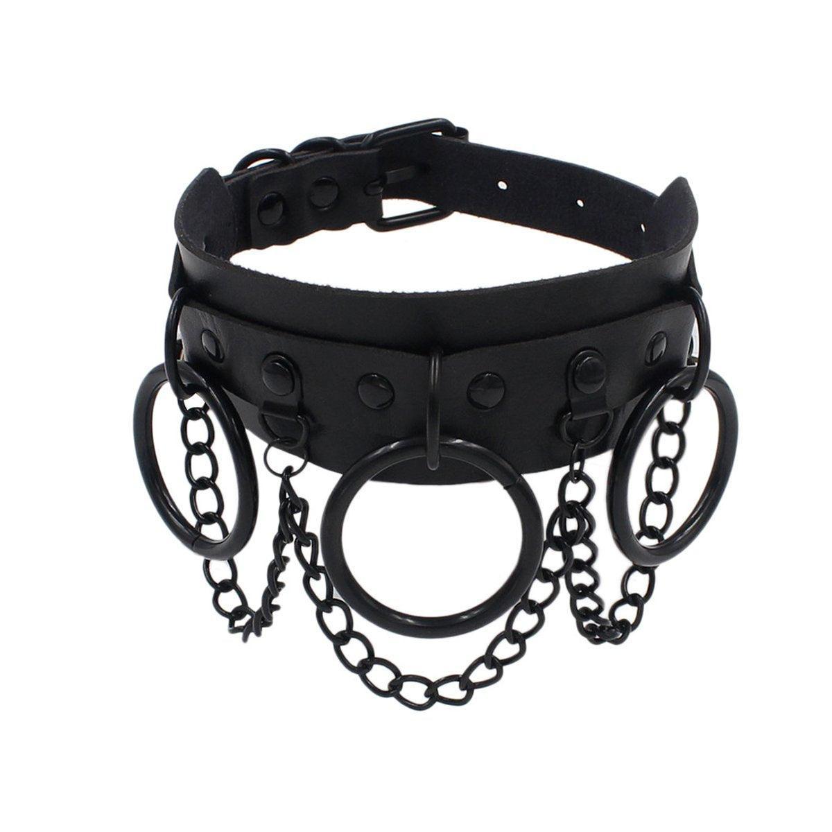 Faux Leather Choker Collar Necklace with Rings and Chains for Women - view 2