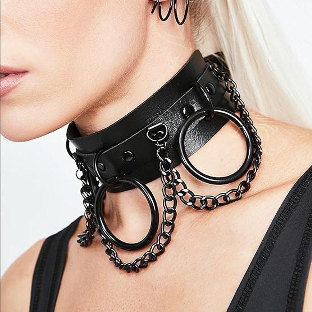 Faux Leather Choker Collar Necklace with Rings and Chains for Women - view 4