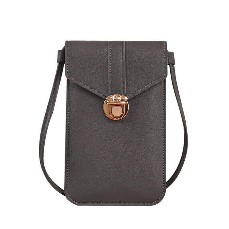 Faux Leather Crossbody Phone Bag with Clear Touch Window - Grey