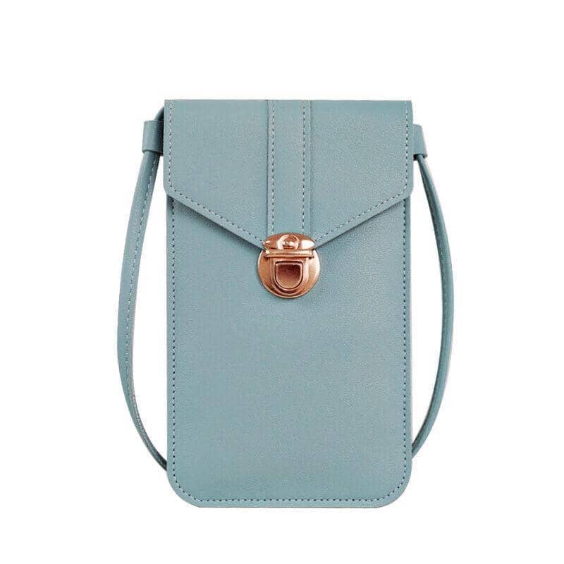 Faux Leather Crossbody Phone Bag with Clear Touch Window - Light Blue