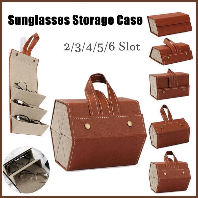 Faux Leather Folding Sunglasses Organiser Case - Brown, 6 Slots - view 2