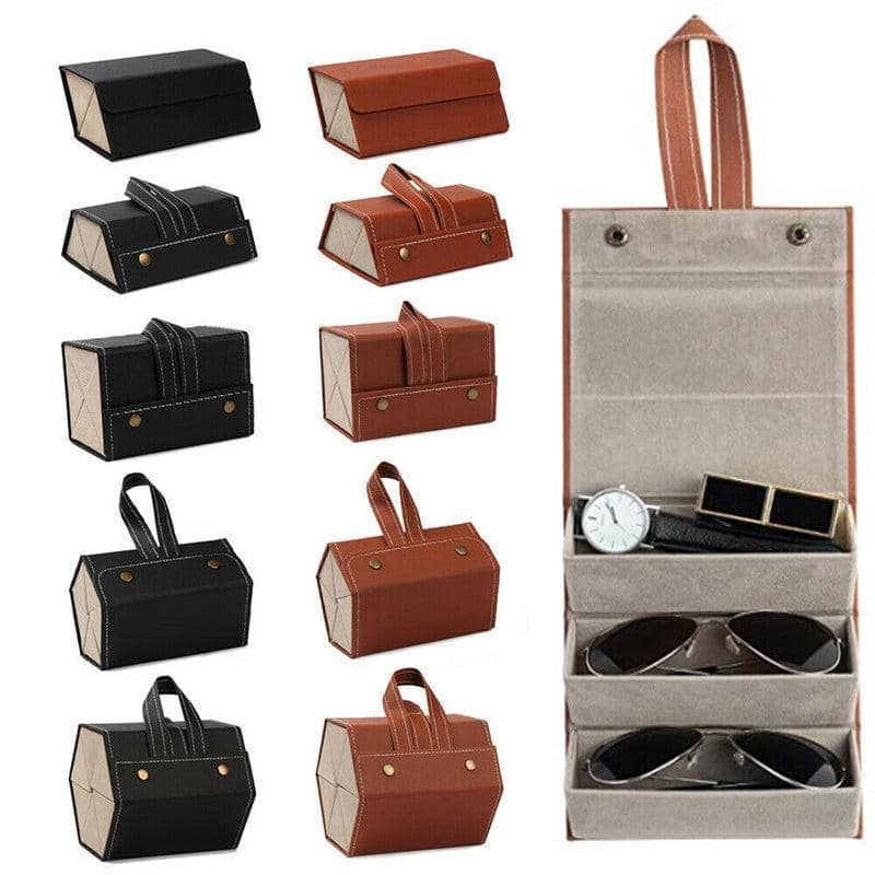 Faux Leather Folding Sunglasses Organiser Case - Brown, 6 Slots - view 3