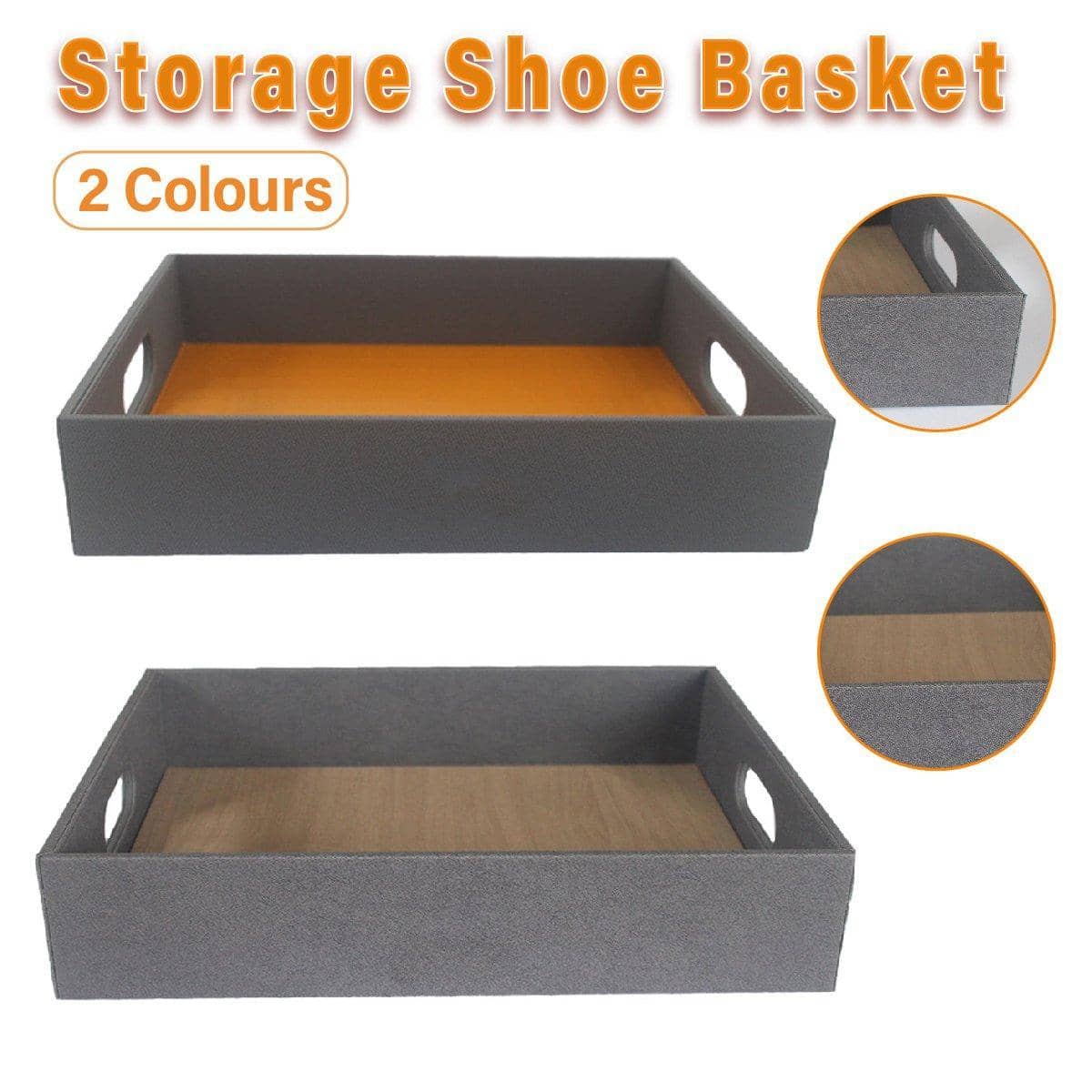 Faux Leather Hotel Shoe Basket Storage Tray - Grey and Brown, 40 x 30 x 8cm - view 2
