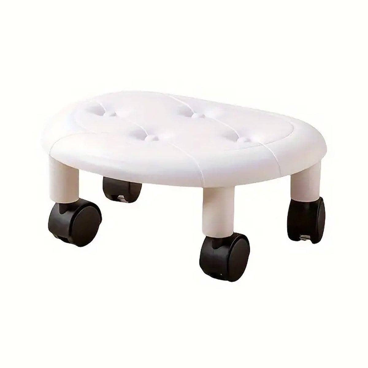 Faux Leather Look Low Stool with Wheels - White