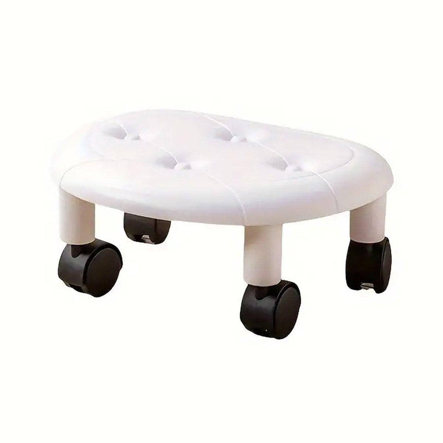 Faux Leather Look Low Stool with Wheels - White