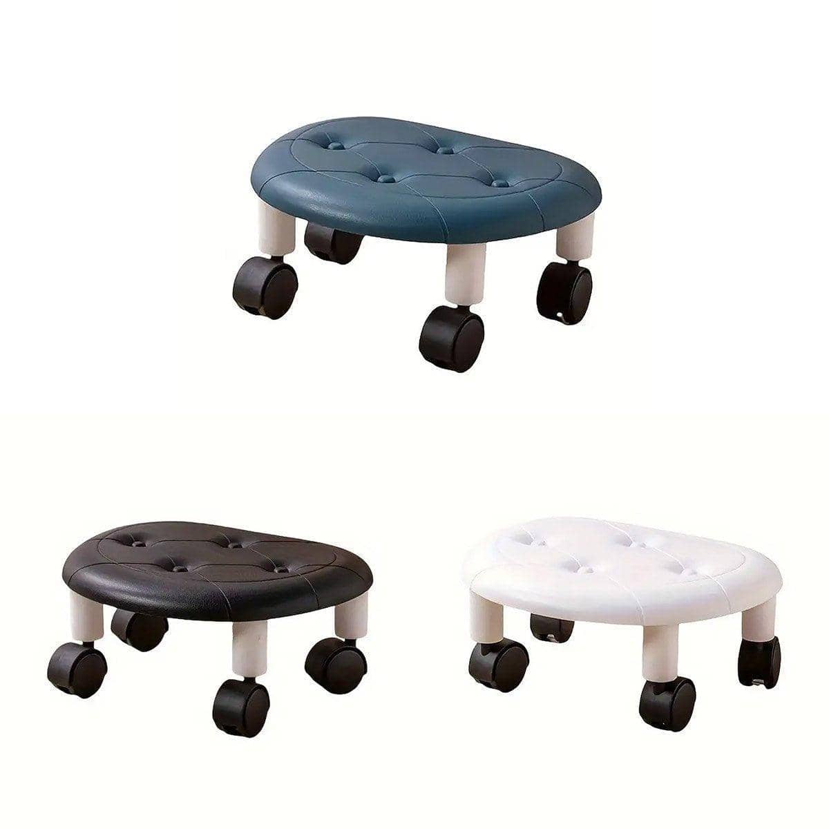 Faux Leather Look Low Stool with Wheels - White - view 3