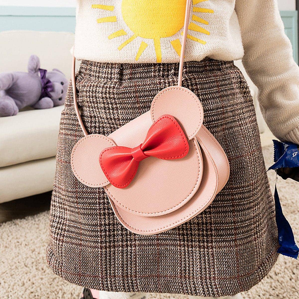 Faux Leather Mini Crossbody Bag with Bow - Pink with White Bow - view 5