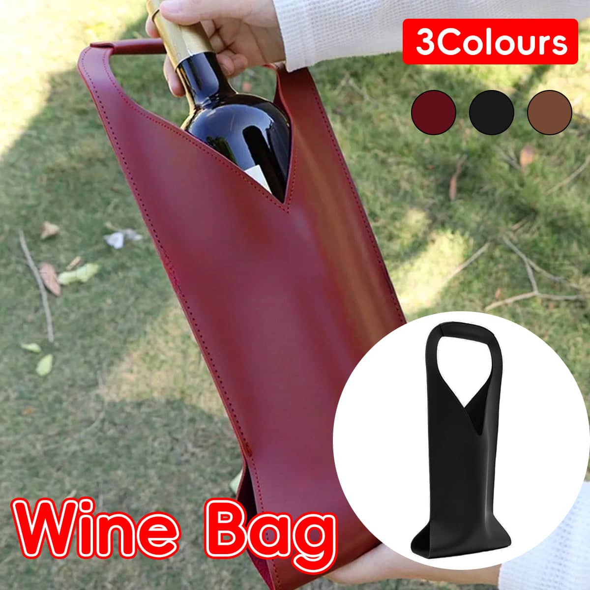 Faux Leather Single Wine Bottle Bag with Handle - Wine Red - view 2