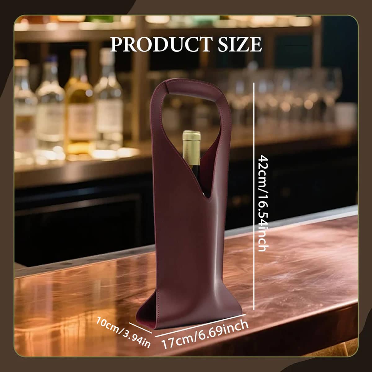 Faux Leather Single Wine Bottle Bag with Handle - Wine Red - view 4