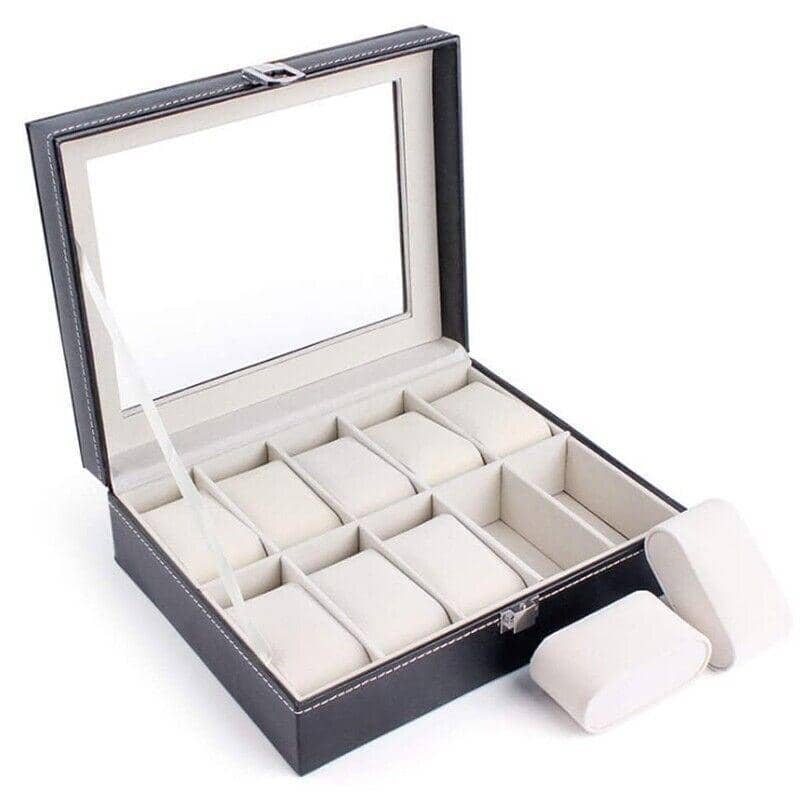 Faux Leather Watch Box with 10 Grids, Jewellery Display Storage Organiser - view 2