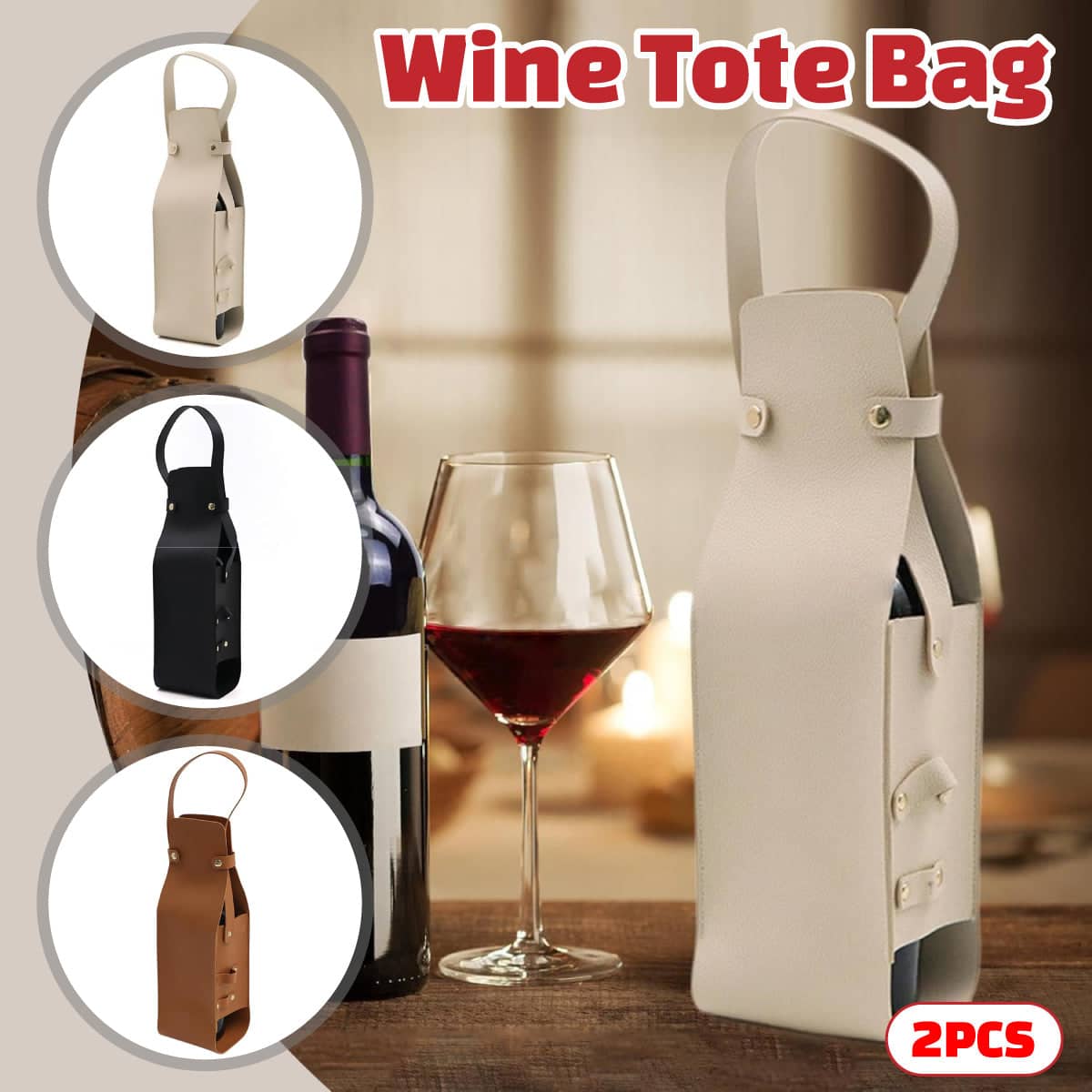 Faux Leather Wine Bottle Tote Bags with Handle - Brown, Pack of 2 - view 2