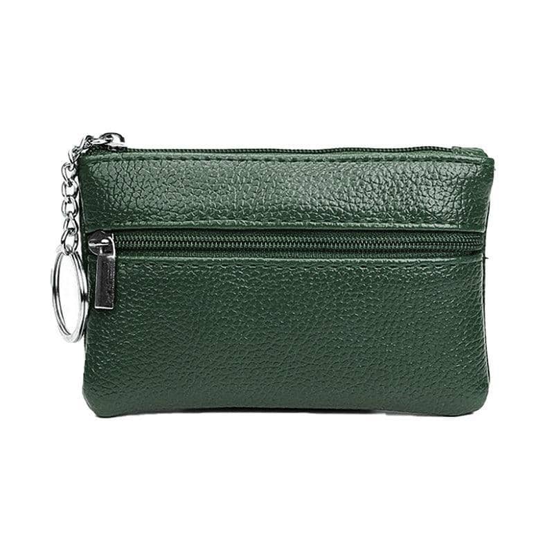 Faux Leather Zip Coin Purse with Key Ring - Dark Green