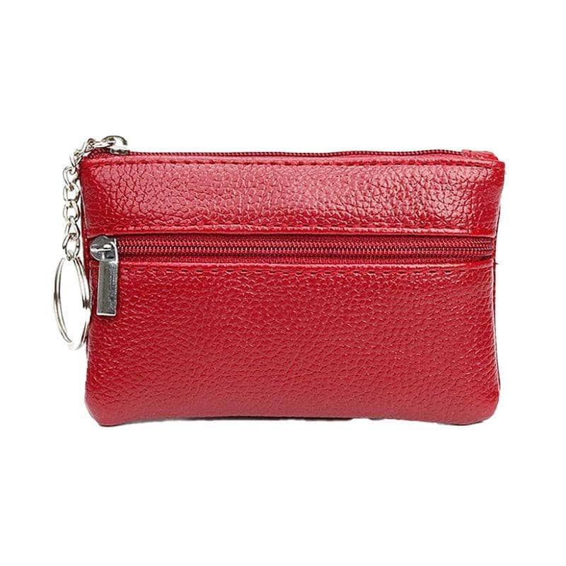 Faux Leather Zip Coin Purse with Key Ring - Red