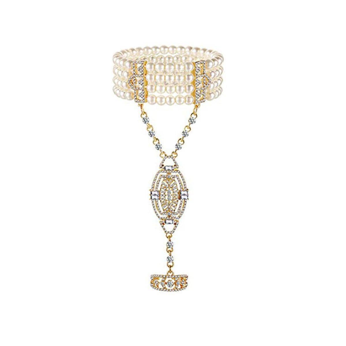Faux Pearl Bracelet with Attached Ring Chain - Gold-Tone, Clear Stones