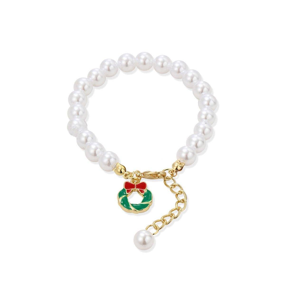 Faux Pearl Charm Bracelet with Extension Chain - Christmas Wreath