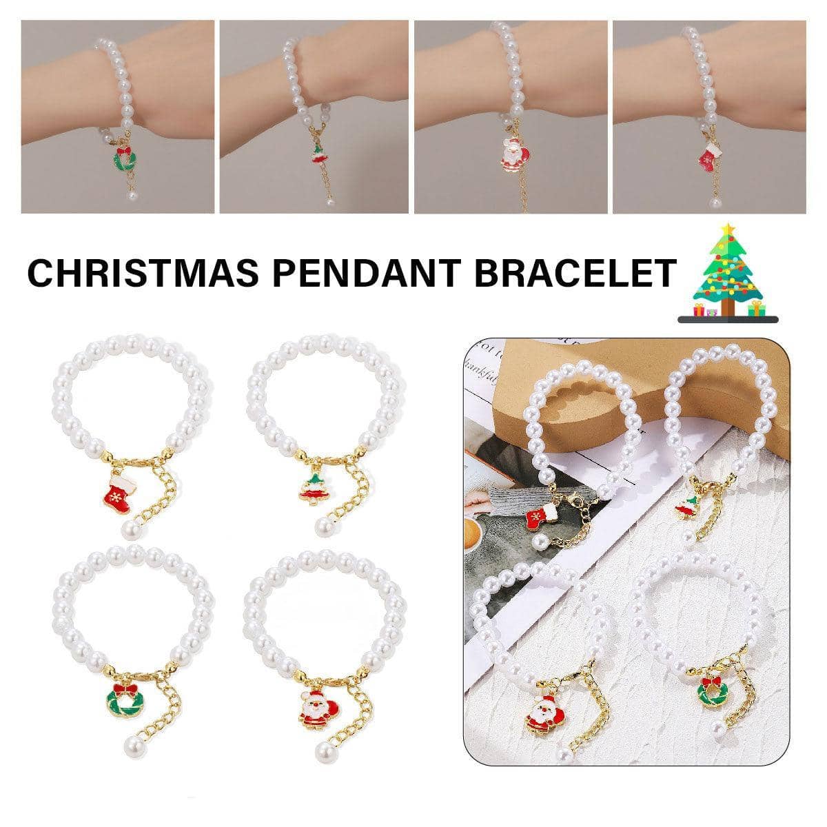 Faux Pearl Charm Bracelet with Extension Chain - Christmas Wreath - view 2