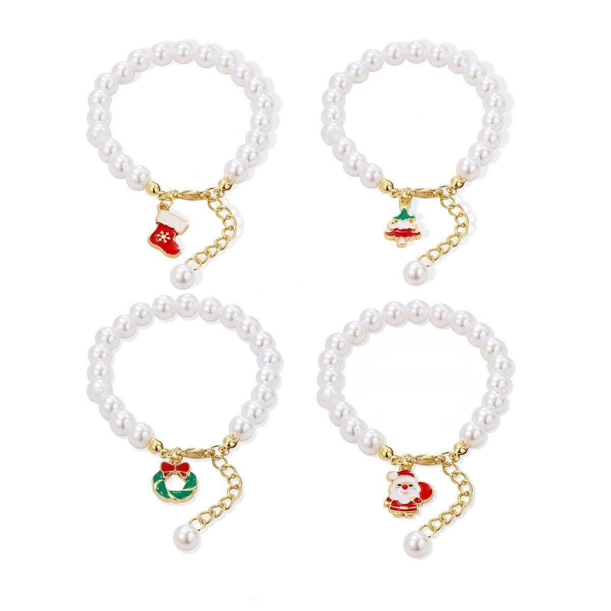 Faux Pearl Charm Bracelet with Extension Chain - Christmas Wreath - view 3
