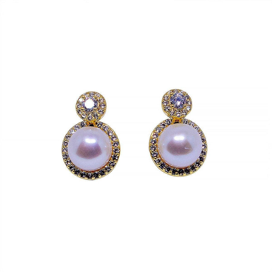 Faux Pearl Double Halo Earrings with Cubic Zirconia - Gold