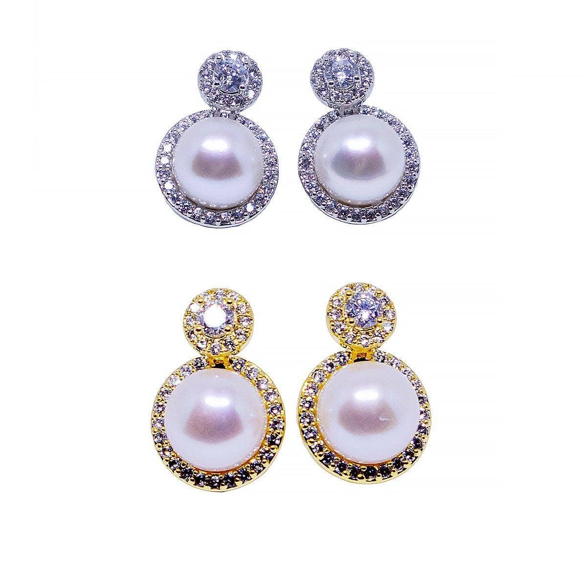 Faux Pearl Double Halo Earrings with Cubic Zirconia - Gold - view 3