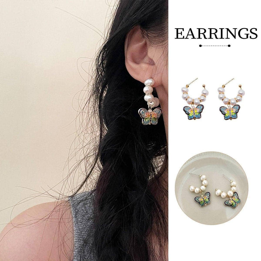 Faux Pearl Hoop Butterfly Earrings Vintage Retro Style for Women