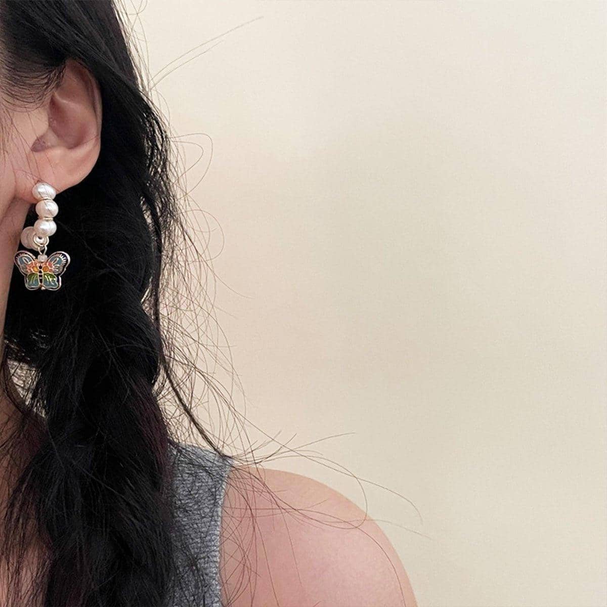 Faux Pearl Hoop Butterfly Earrings Vintage Retro Style for Women - view 4