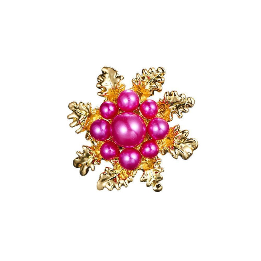 Faux Pearl Leaf Brooch - Hot Pink