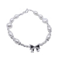 Faux Pearl Ribbon Bow Bracelet - Silver-Tone with Adjustable Length