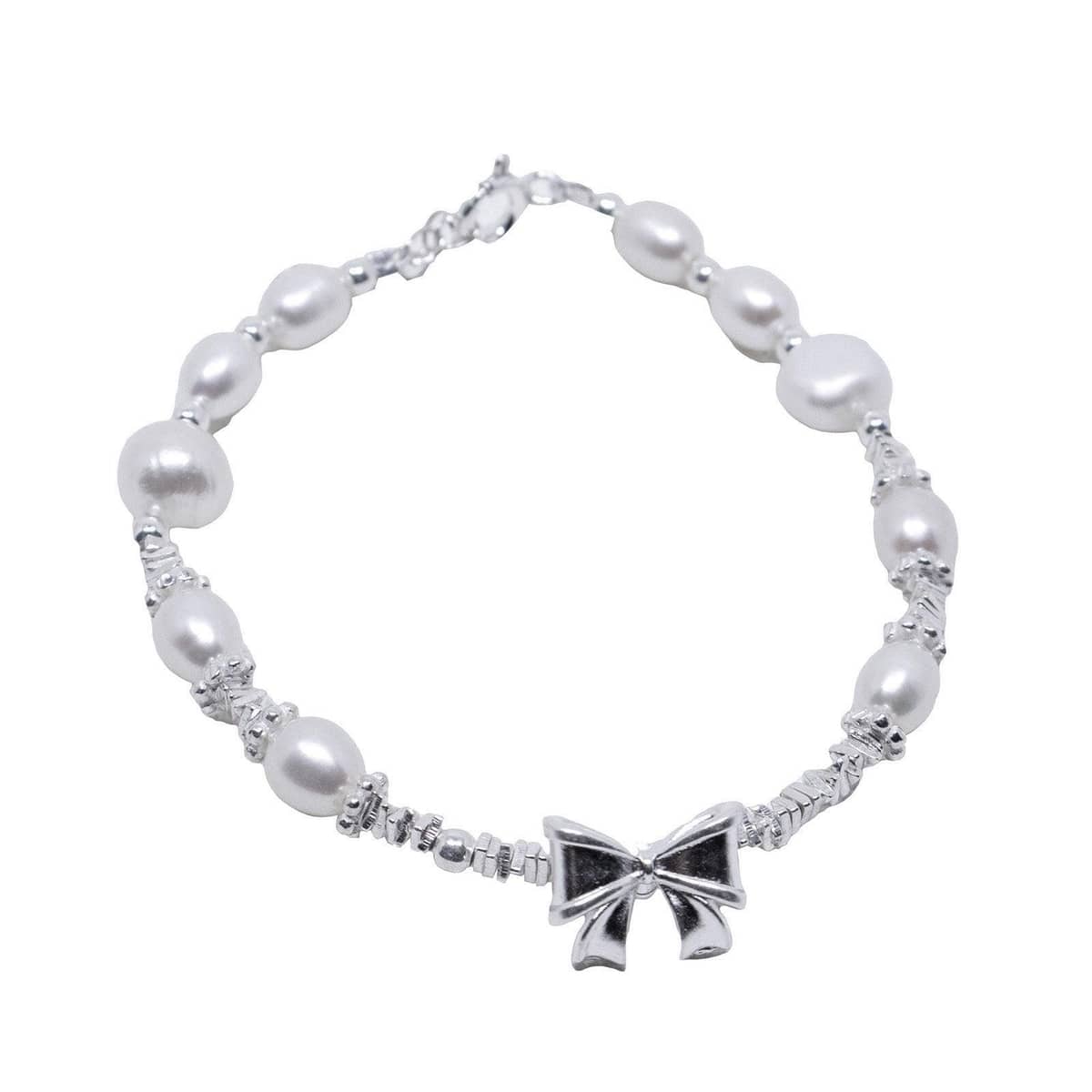 Faux Pearl Ribbon Bow Bracelet - Silver-Tone with Adjustable Length