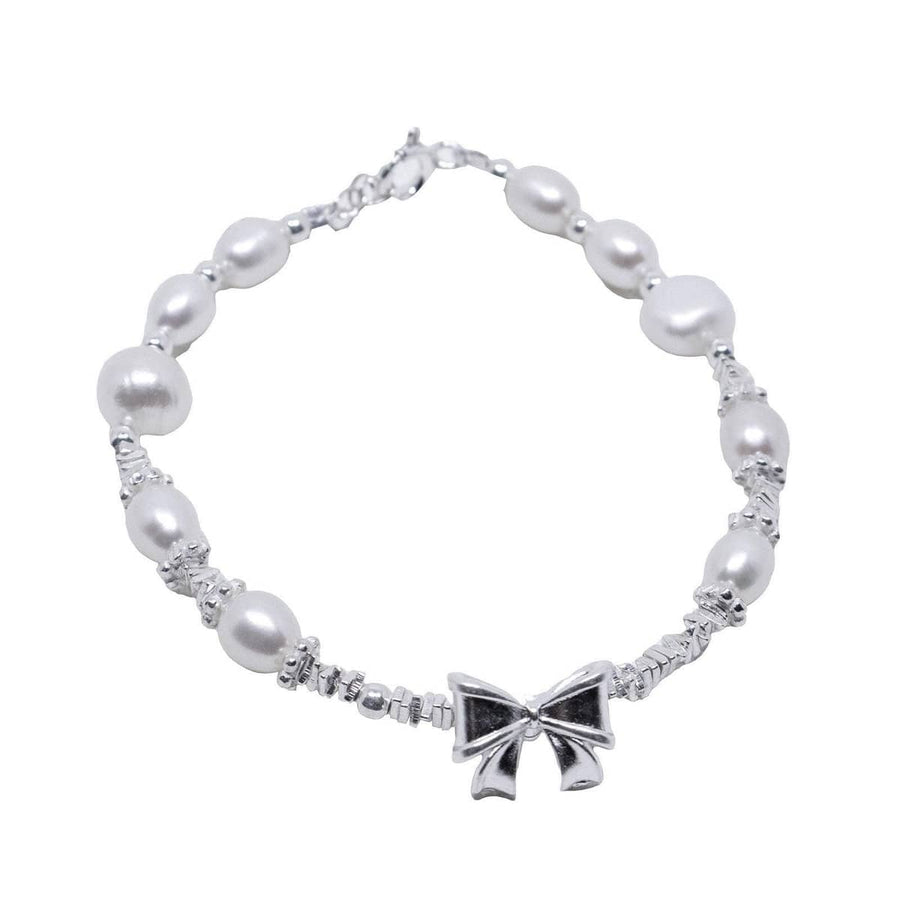 Faux Pearl Ribbon Bow Bracelet - Silver-Tone with Adjustable Length