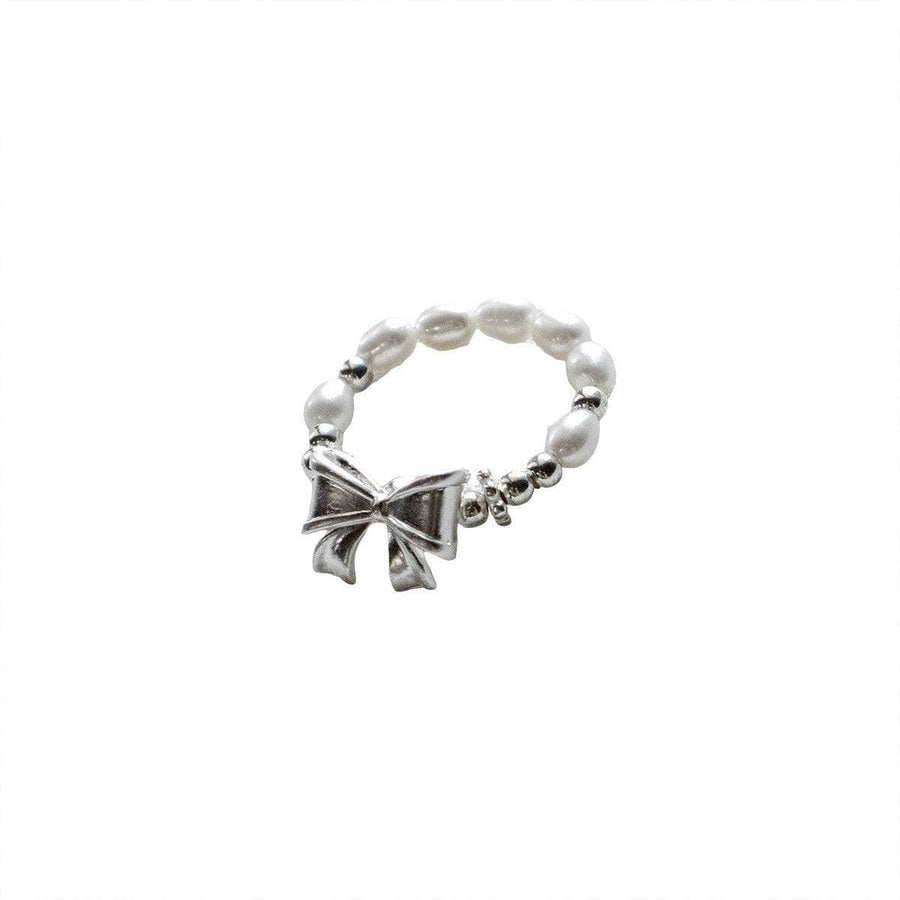 Faux Pearl Ribbon Bow Ring - Silver-Tone with Adjustable Fit