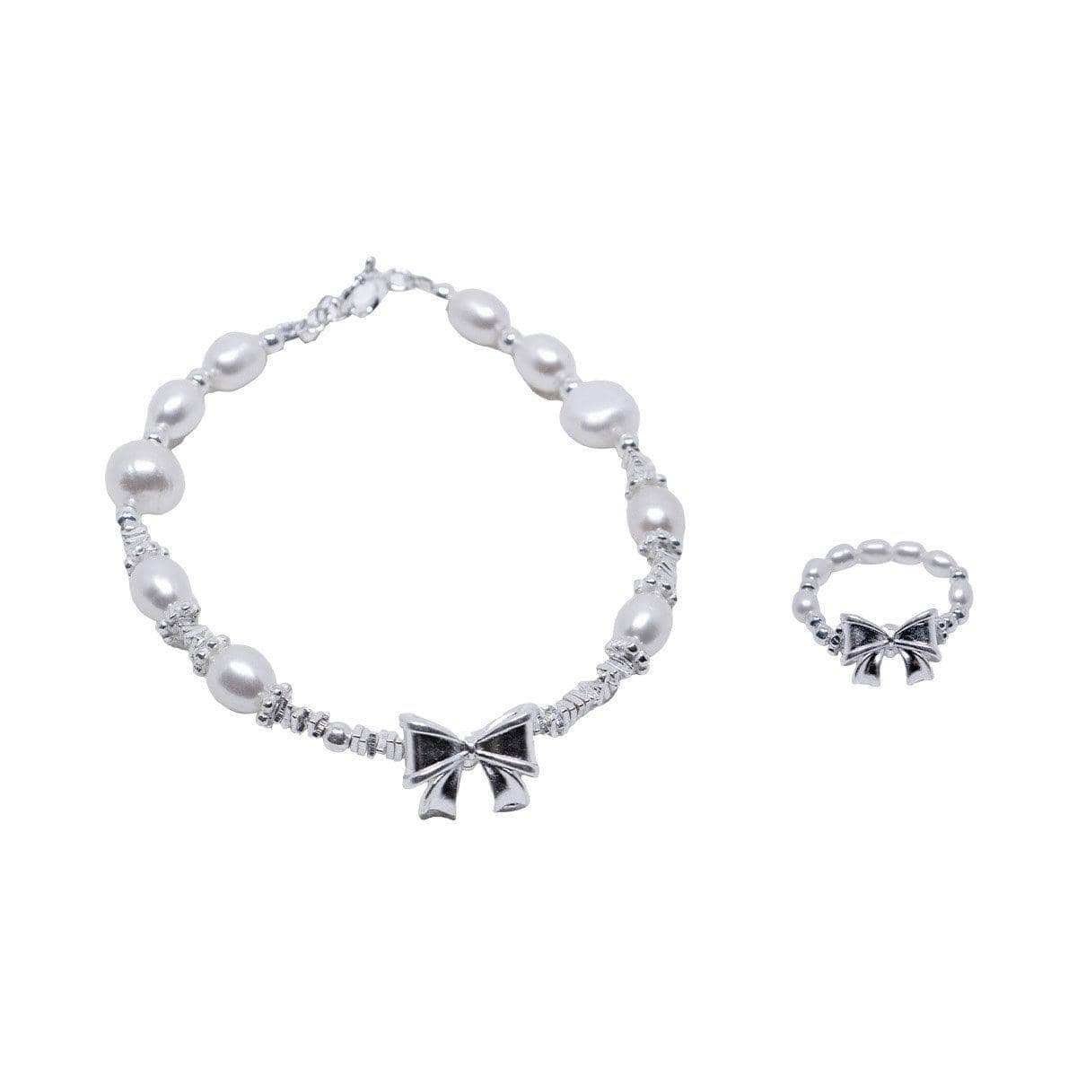 Faux Pearl Ribbon Bow Ring - Silver-Tone with Adjustable Fit - view 3