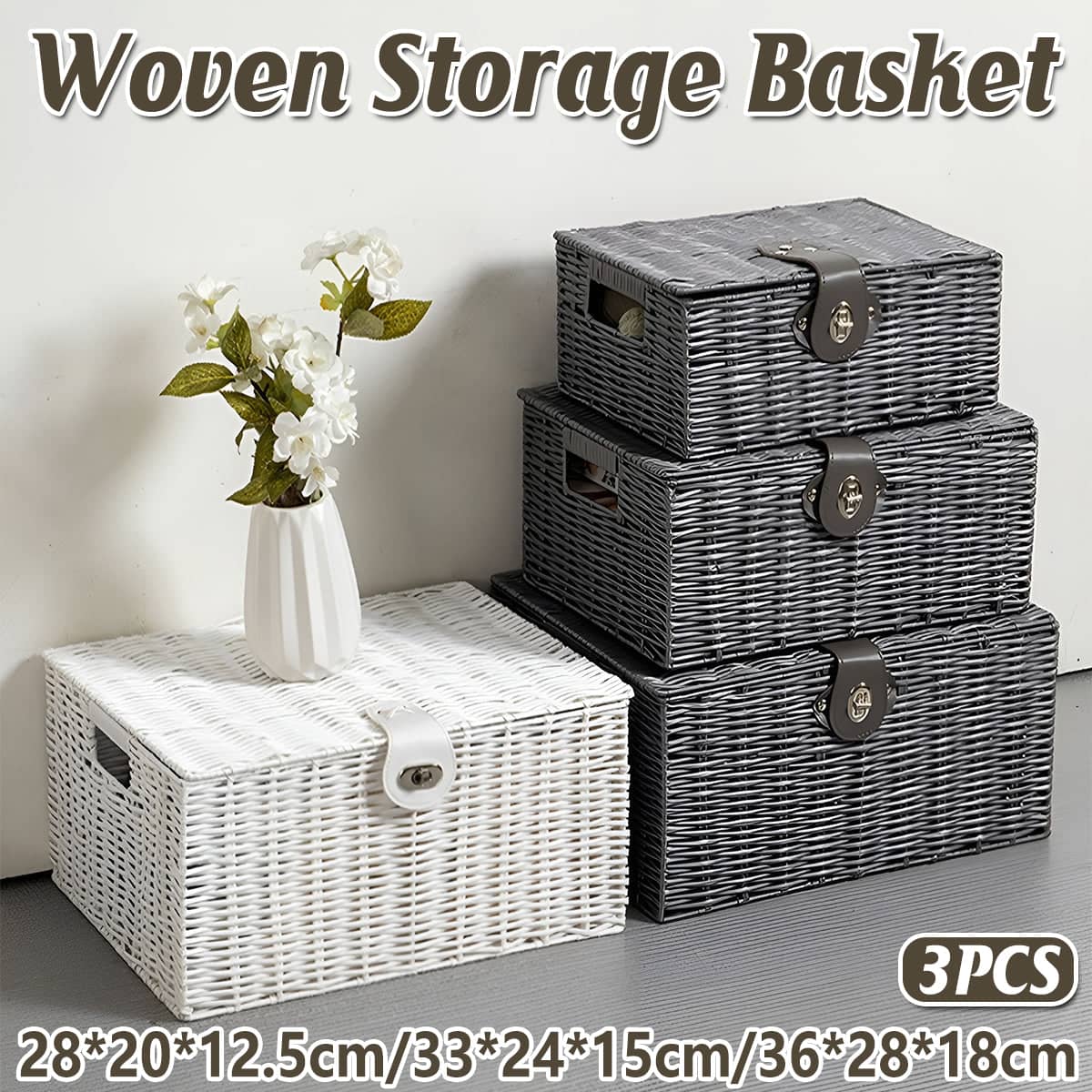 Faux Rattan Storage Baskets with Lids, Set of 3 - Grey - view 2