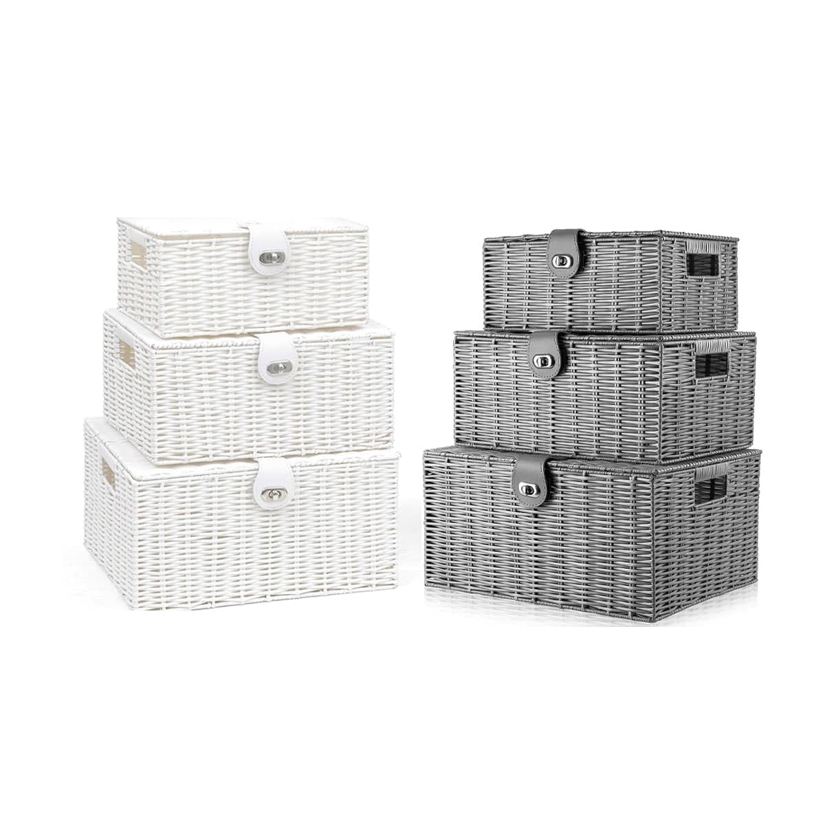 Faux Rattan Storage Baskets with Lids, Set of 3 - Grey - view 3