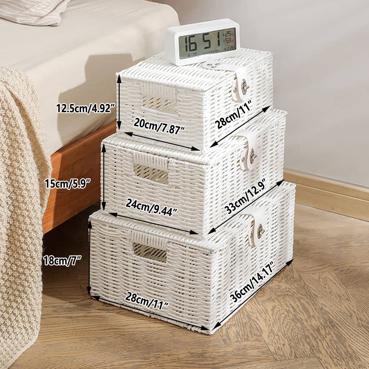 Faux Rattan Storage Baskets with Lids, Set of 3 - Grey - view 4