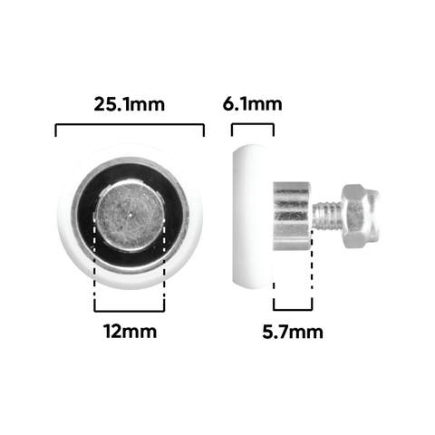 Rolltrak 25mm White Acetal Convex Roller with Threaded Stud, Wardrobe Door