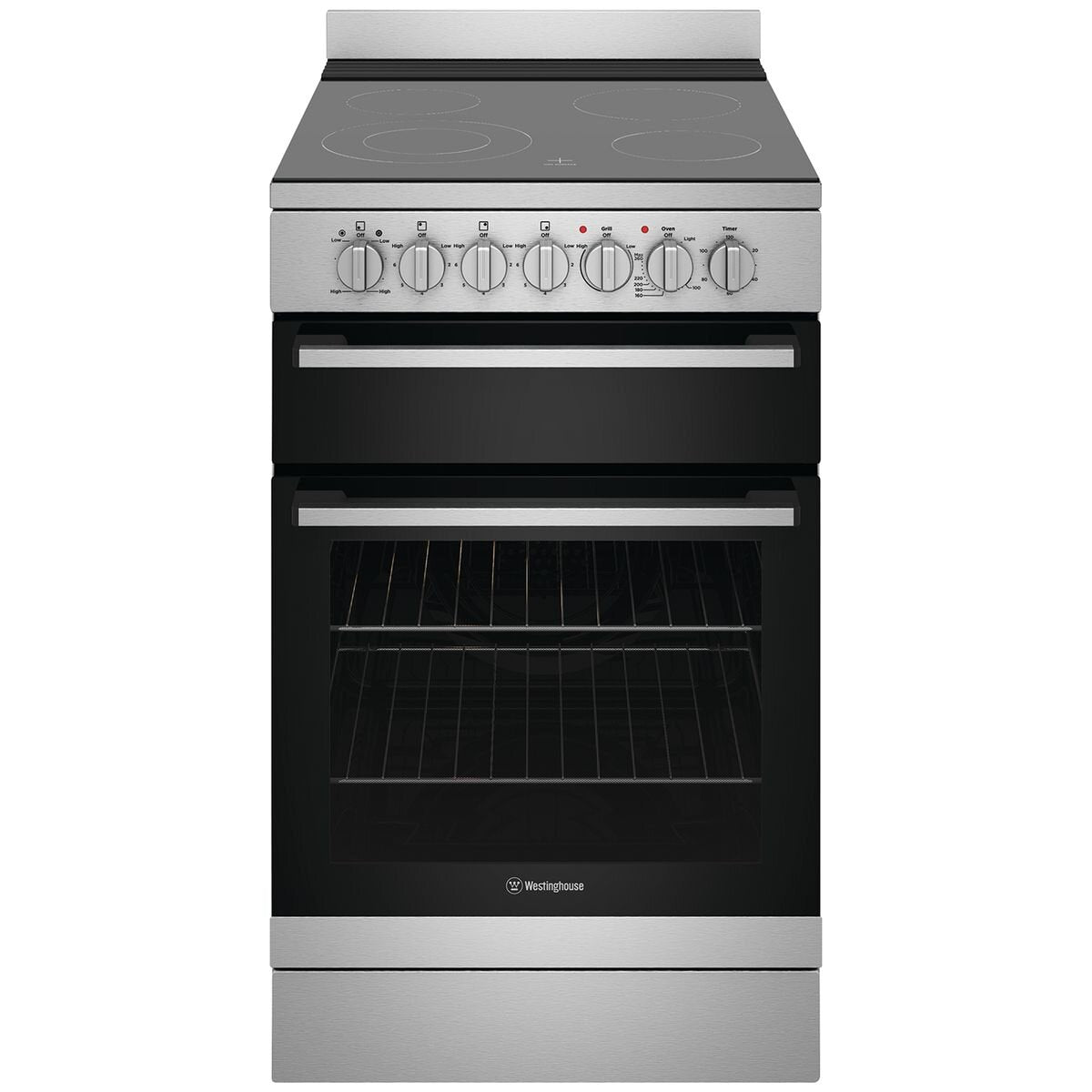 Westinghouse 54cm Electric Freestanding Oven - 80L, Separate Grill, Ceramic Cooktop - WFE542SCB