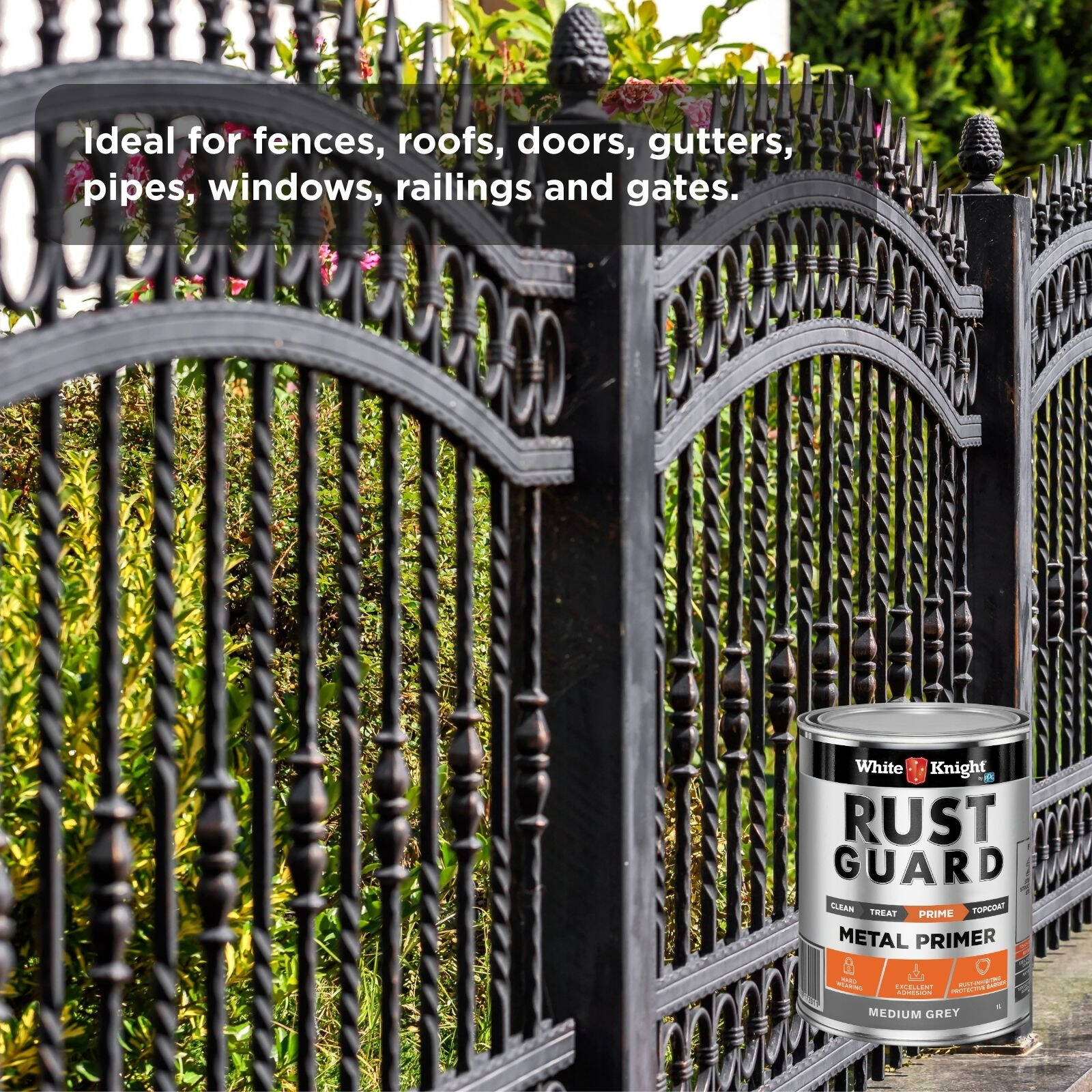 White Knight Rust Guard Metal Primer 1L - Medium Grey Solvent Based Rust-Inhibiting Primer