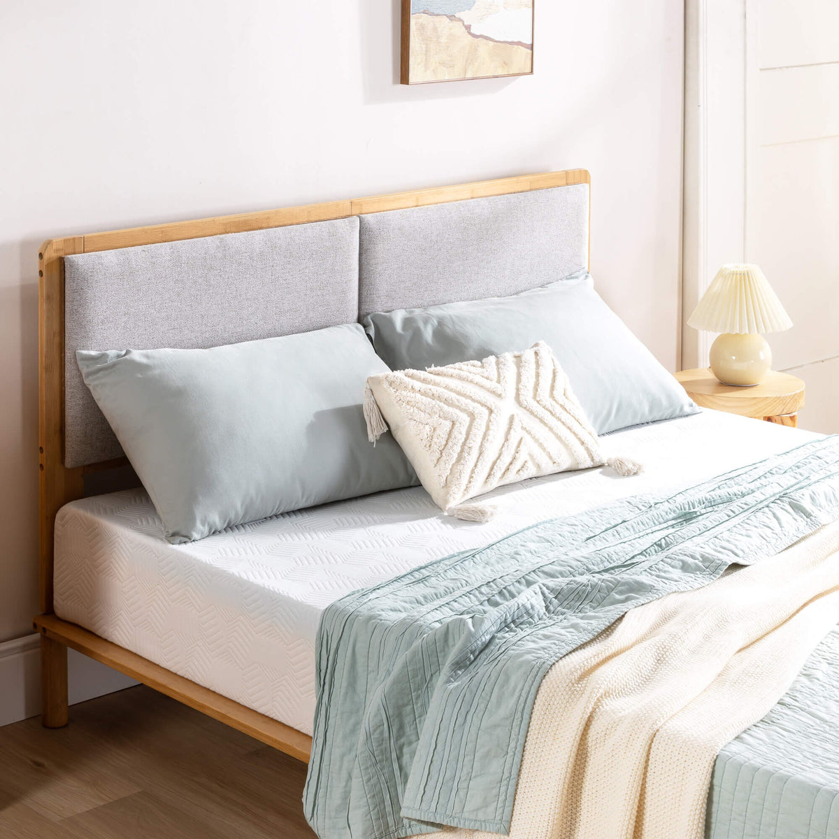 Zinus Double Bamboo Bed Frame - Natural Bamboo, Upholstered Headboard, Slatted Support - AU-FPWNH8ZC-08D