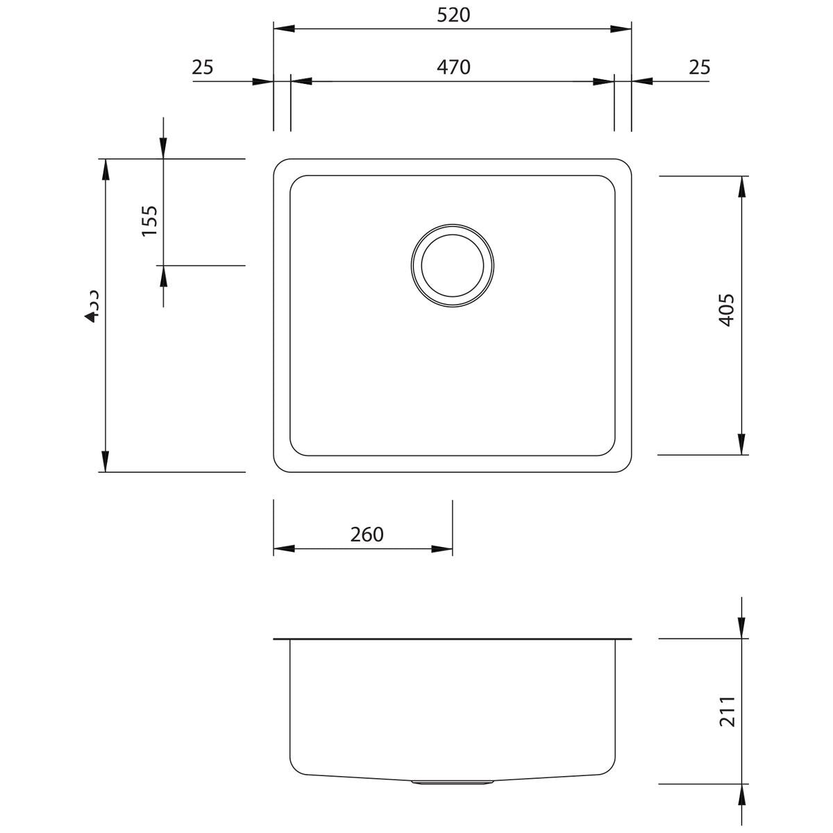 Oliveri Sonetto single bowl undermount sink - brushed 304 grade stainless steel, 25mm radius corners - SN1050U