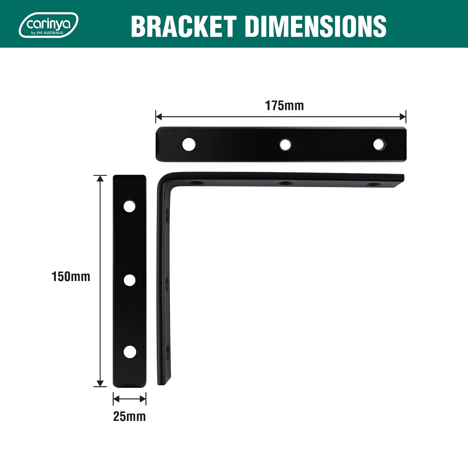Carinya 175 x 150mm Black Heavy-Duty Powder Coated Steel Angle Bracket, 100kg