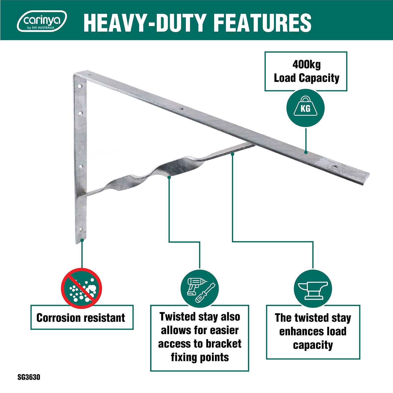 Carinya 500 x 400mm Galvanised Heavy Duty Twisted Stay Bracket, 400kg Capacity