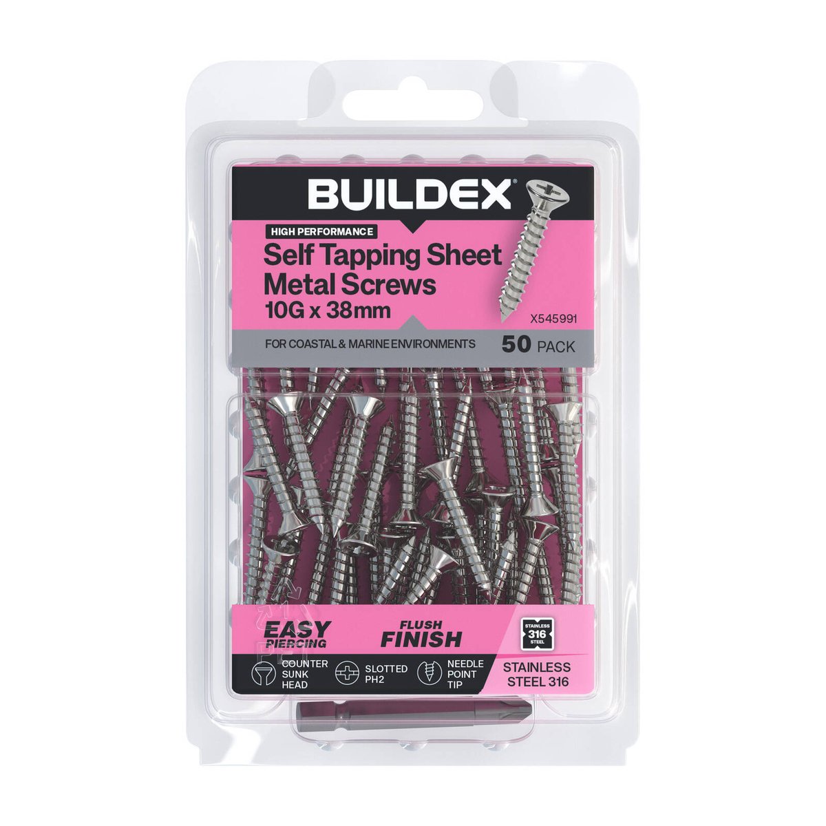 Buildex 10g x 38mm SS316 Self Tapping Sheet Metal Screws - Countersunk Head - 50 Pack - Corrosion Resistant - Quick Installation - SuperSaverAU - view 1