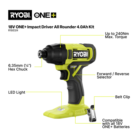 Ryobi 18V ONE+ Impact Driver All Rounder Kit R18ID24 - 4.0Ah Battery & Charger