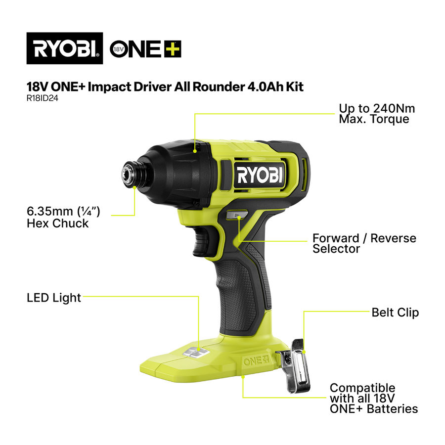 Ryobi 18V ONE+ Impact Driver All Rounder Kit R18ID24 - 4.0Ah Battery & Charger