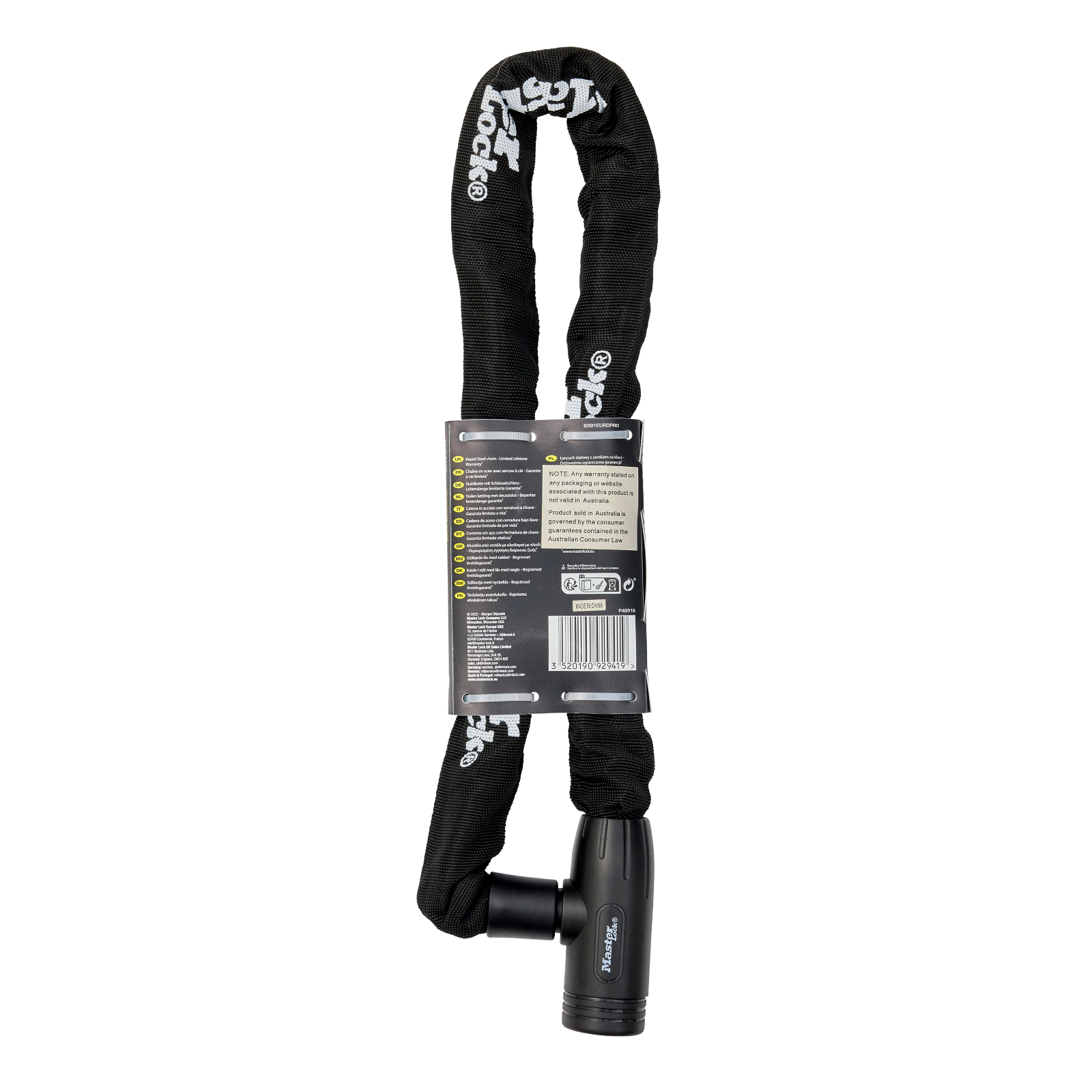 Master Lock 8mm x 0.9m Covered Chain With Integrated Key Lock, Steel, Nylon Covered
